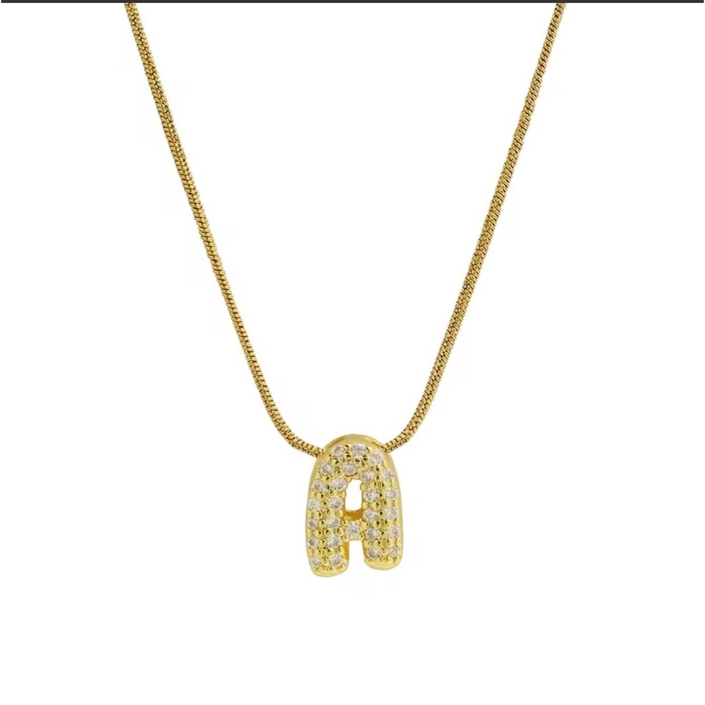 18k Gold Plated Bubble‎ A Initial Necklace Pave Cubic Zirconia Snake Chain